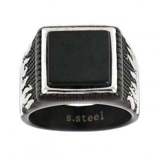 Men's stainless steel embossed black ring with silver flames on the side and black onyx - 
