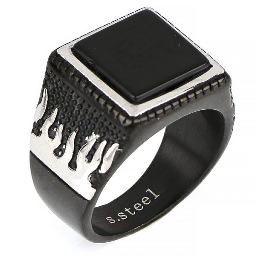 Men's stainless steel embossed black ring with silver flames on the side and black onyx
