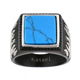 Men's stainless steel embossed black ring with silver flames on the side and turqoise stone - 