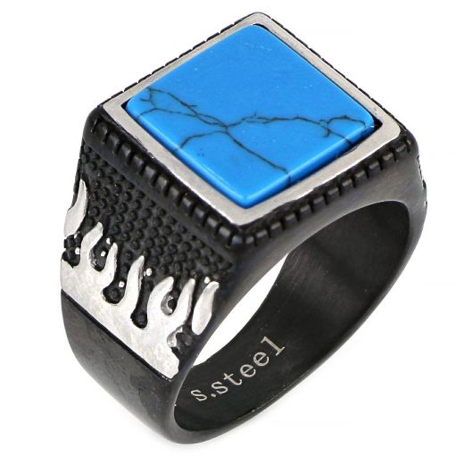 Men's stainless steel embossed black ring with silver flames on the side and turqoise stone