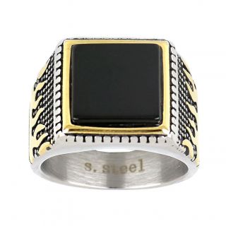 Men's stainless steel embossed gold plated ring with golden flames on the side and black onyx - 