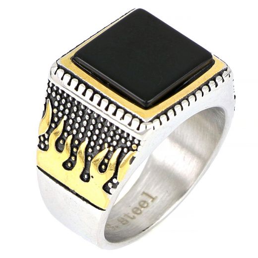 Men's stainless steel embossed gold plated ring with golden flames on the side and black onyx