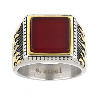 Men's stainless steel embossed gold plated ring with golden flames on the side and carnelian - 
