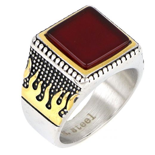 Men's stainless steel embossed gold plated ring with golden flames on the side and carnelian