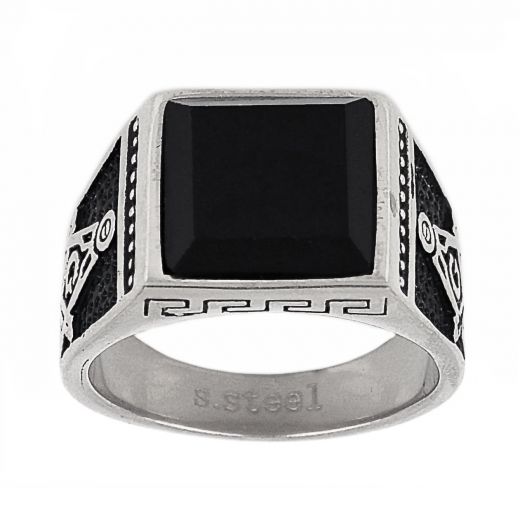 Men's stainless steel ring with meander and black onyx