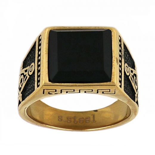 Men's stainless steel ring gold plated with meander and black onyx