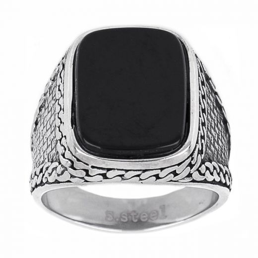 Men's stainless steel ring with wavy lines and black onyx
