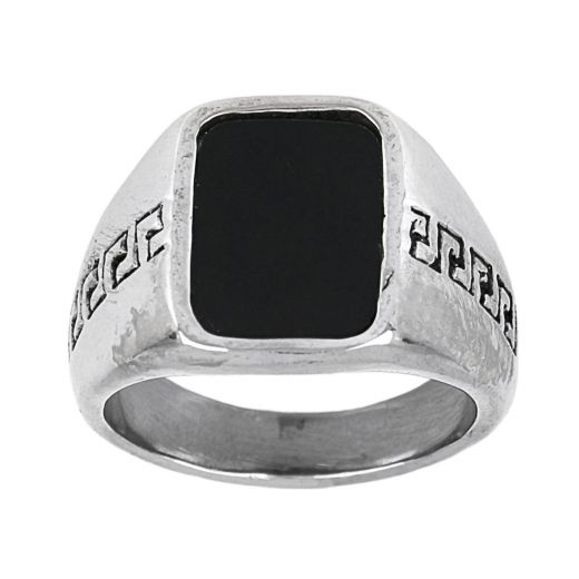 Men's stainless steel ring with meander and black onyx 