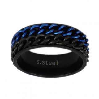 Ανδρικό δαχτυλίδι ατσάλινο μαύρο - μπλε με σχέδιο διπλή αλυσίδα
