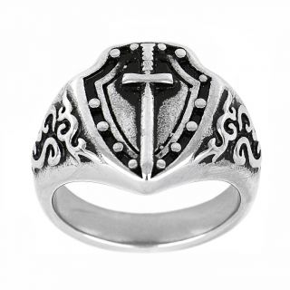 Men's steel ring embossed shield & sword