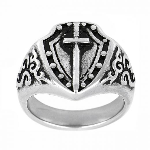 Men's steel ring embossed shield & sword