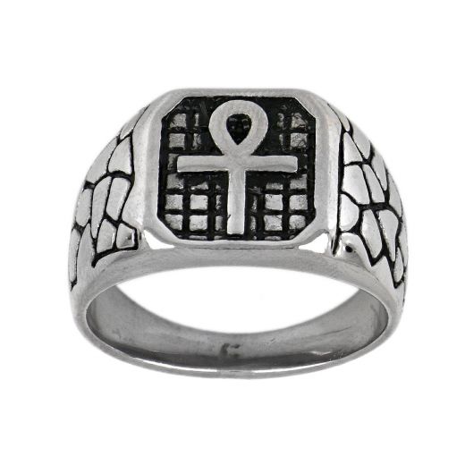 Stainless steel ring with an Egyptian cross