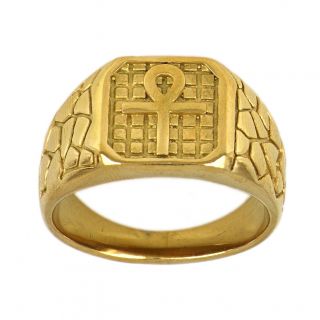 Stainless steel gold plated ring with an Egyptian cross