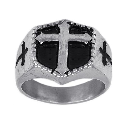 Stainless steel ring embossed design with a cross