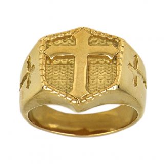 Stainless steel gold plated ring embossed design with a cross