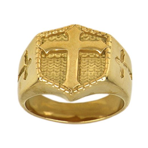 Stainless steel gold plated ring embossed design with a cross