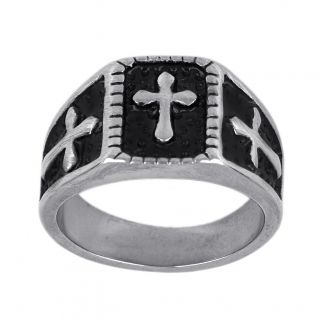 Stainless steel ring embossed design with a cross