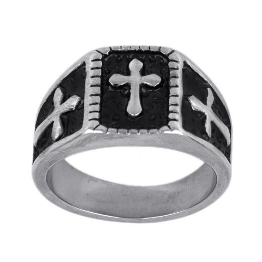 Stainless steel ring embossed design with a cross