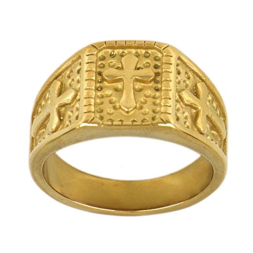 Stainless steel gold plated ring embossed design with a cross
