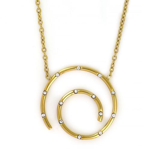 Necklace made of gold plated stainless steel in spiral shape with crystals.