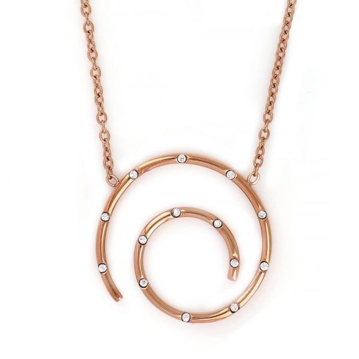 Necklace made of rose gold stainless steel in spiral shape with cubic crystals.