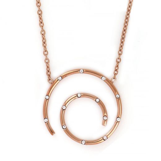 Necklace made of rose gold stainless steel in spiral shape with cubic crystals.