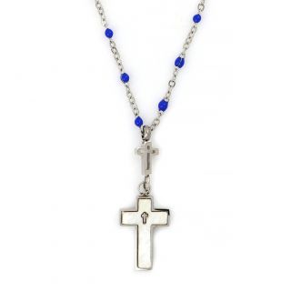 Necklace made of stainless steel with stones and a mother of pearl cross.