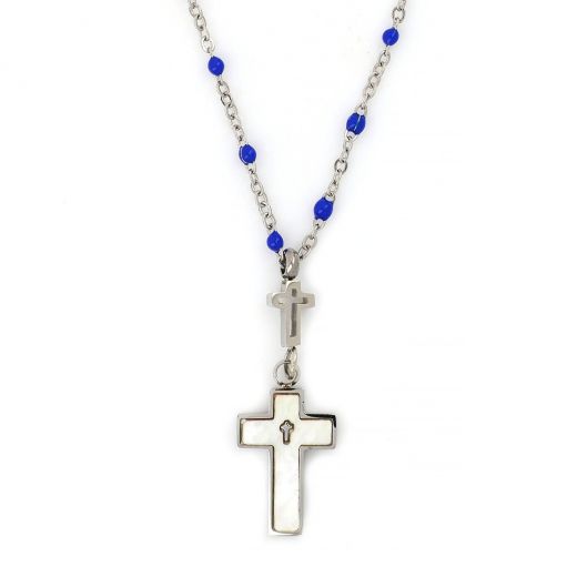Necklace made of stainless steel with stones and a mother of pearl cross.
