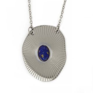 Oval necklace made of stainless steel with blue stone. - 