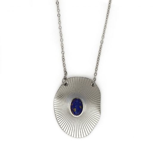 Oval necklace made of stainless steel with blue stone.