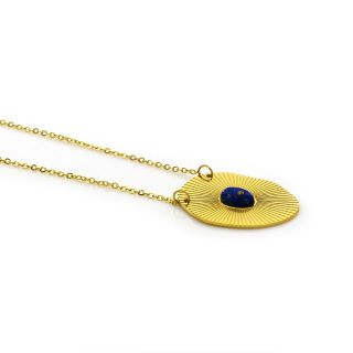 Oval necklace made of gold plated stainless steel with blue stone. - 