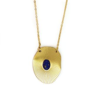 Oval necklace made of gold plated stainless steel with blue stone.