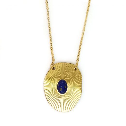 Oval necklace made of gold plated stainless steel with blue stone.