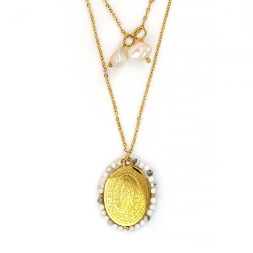 Double Necklace made of gold plated stainless steel with Virgin Mary and white stones.