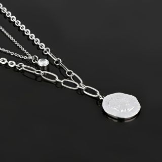 Double Necklace made of stainless steel with round pendant. - 