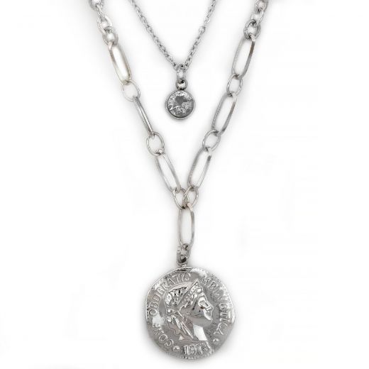 Double Necklace made of stainless steel with round pendant.