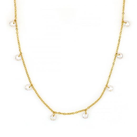 Necklace made of gold plated stainless steel with white crystals.