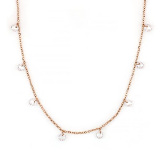 Necklace made of rose gold stainless steel with white crystals.