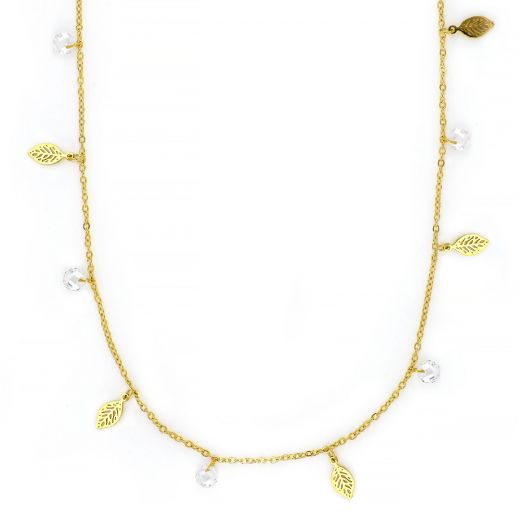 Necklace made of gold plated stainless steel with leaflets and white crystals.
