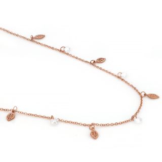 Necklace made of rose gold stainless steel with leaflets and white crystals. - 