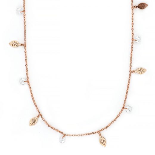 Necklace made of rose gold stainless steel with leaflets and white crystals.