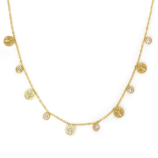Necklace made of gold plated stainless steel with trees of life and white cubic zirconia.