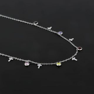 Necklace made of stainless steel with small crosses and multi-coloured cubic zirconia. - 