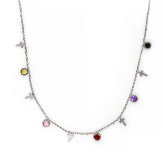 Necklace made of stainless steel with small crosses and multi-coloured cubic zirconia.