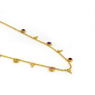 Necklace made of gold plated stainless steel with small crosses and multicolored cubic zirconia. - 