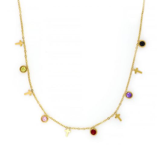 Necklace made of gold plated stainless steel with small crosses and multicolored cubic zirconia.