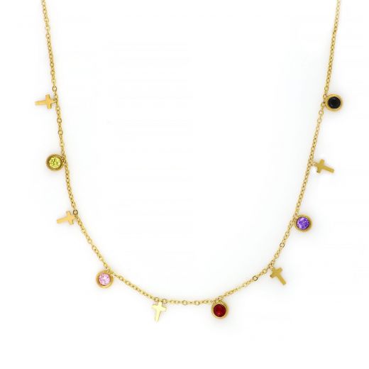 Necklace made of gold plated stainless steel with small crosses and multicolored cubic zirconia.