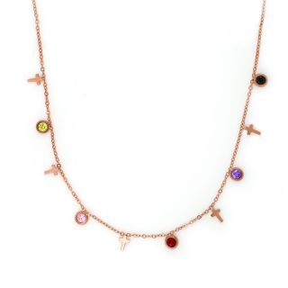 Necklace made of rose gold stainless steel with small crosses and multicolored cubic zirconia.