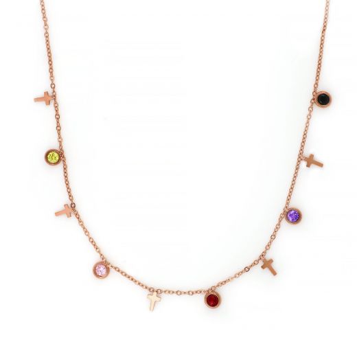 Necklace made of rose gold stainless steel with small crosses and multicolored cubic zirconia.