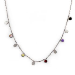 Necklace made of stainless steel with tears and multicolored cubic zirconia.